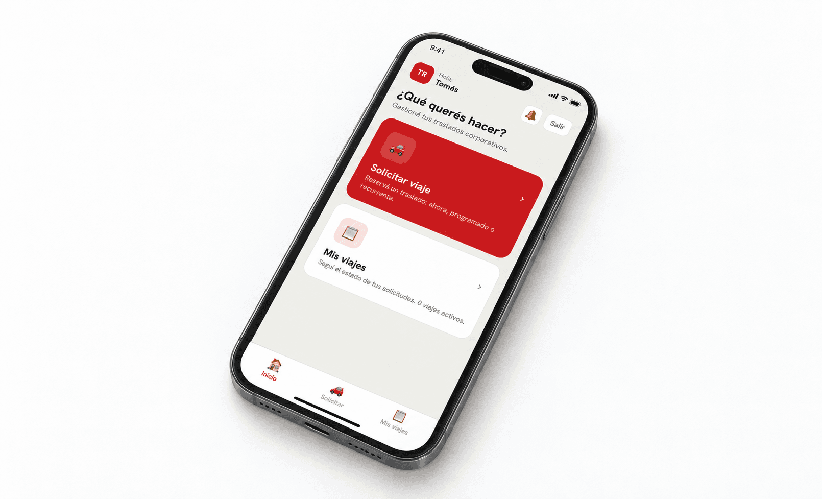 Corporate Mobility home screen on a phone resting on a white desk